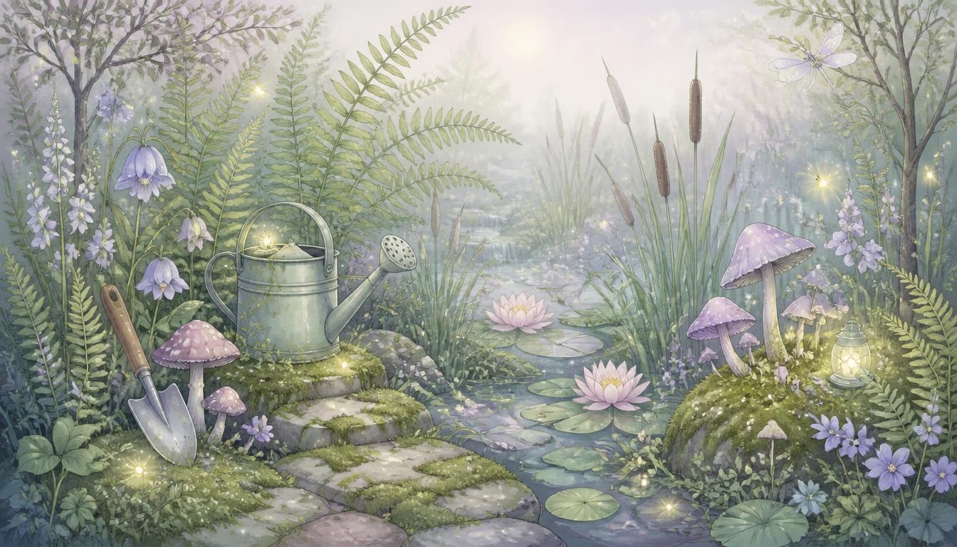 Pastel illustration of an enchanted bog garden with ferns, toadstools, water lilies, and a watering can.