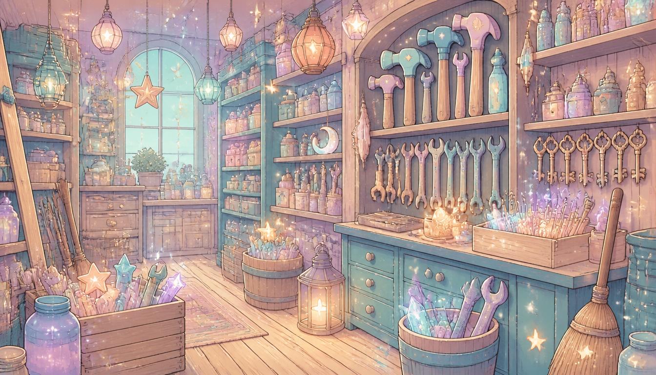 Pastel illustration of a magical hardware shop with enchanted hammers, wrenches, keys, and lanterns.