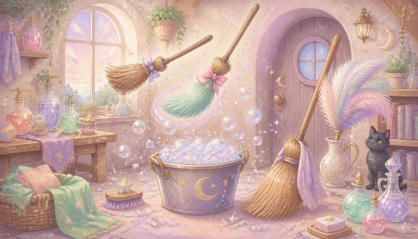 Pastel illustration of a witchy cleaning cottage with floating brooms, sparkling suds, and potion soaps.