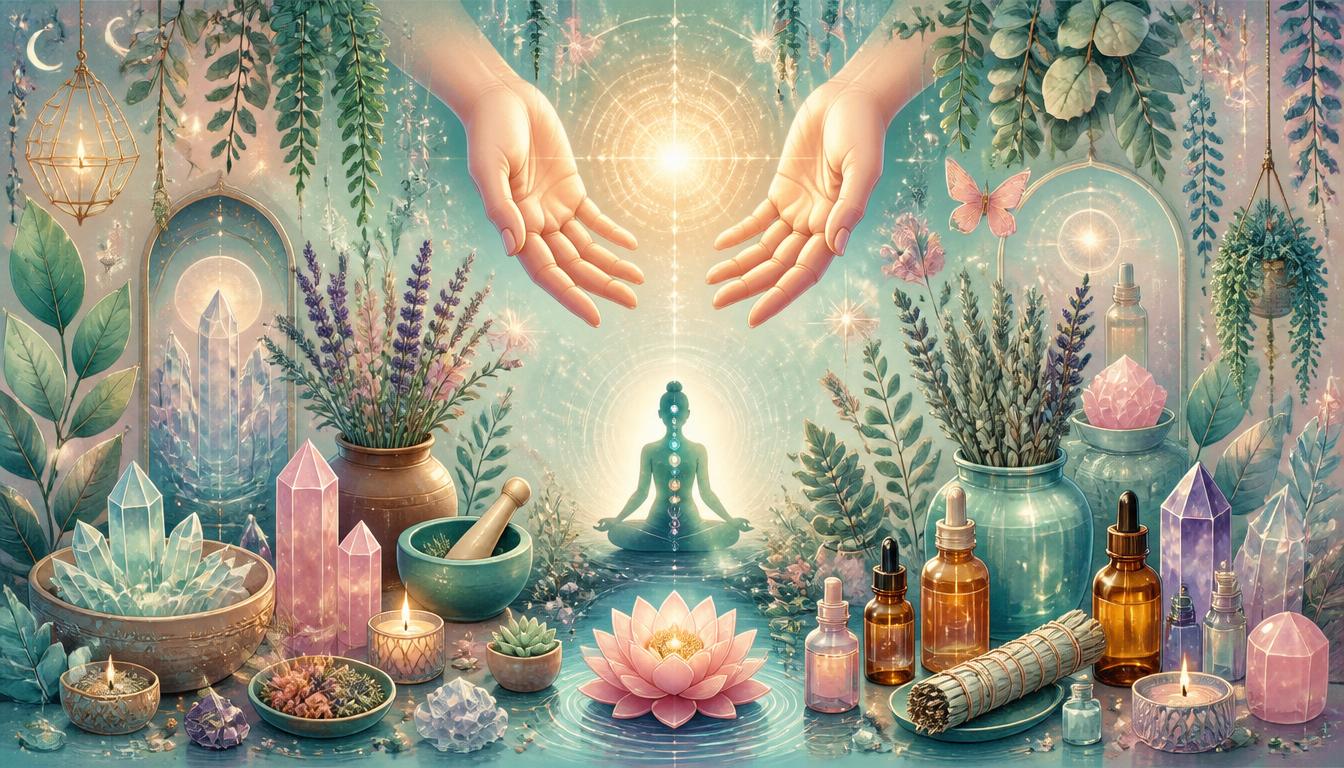 Pastel illustration of a holistic wellness sanctuary with healing hands, crystals, and herbs.