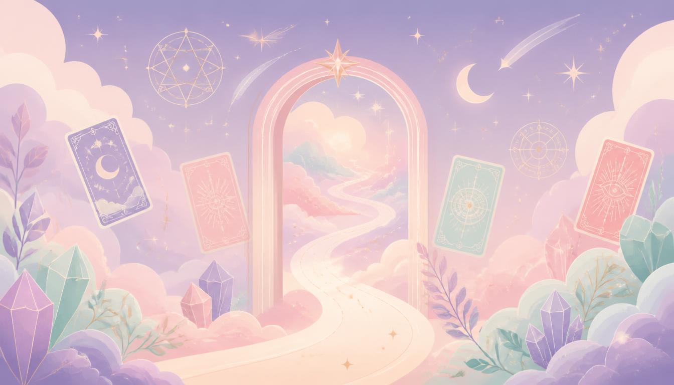 Pastel illustration of a mystical arched doorway opening onto a winding path with floating tarot cards and stars.