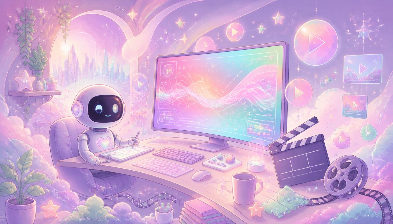 Pastel illustration of an AI studio desk with a rainbow screen, film clapperboard, and floating play buttons.